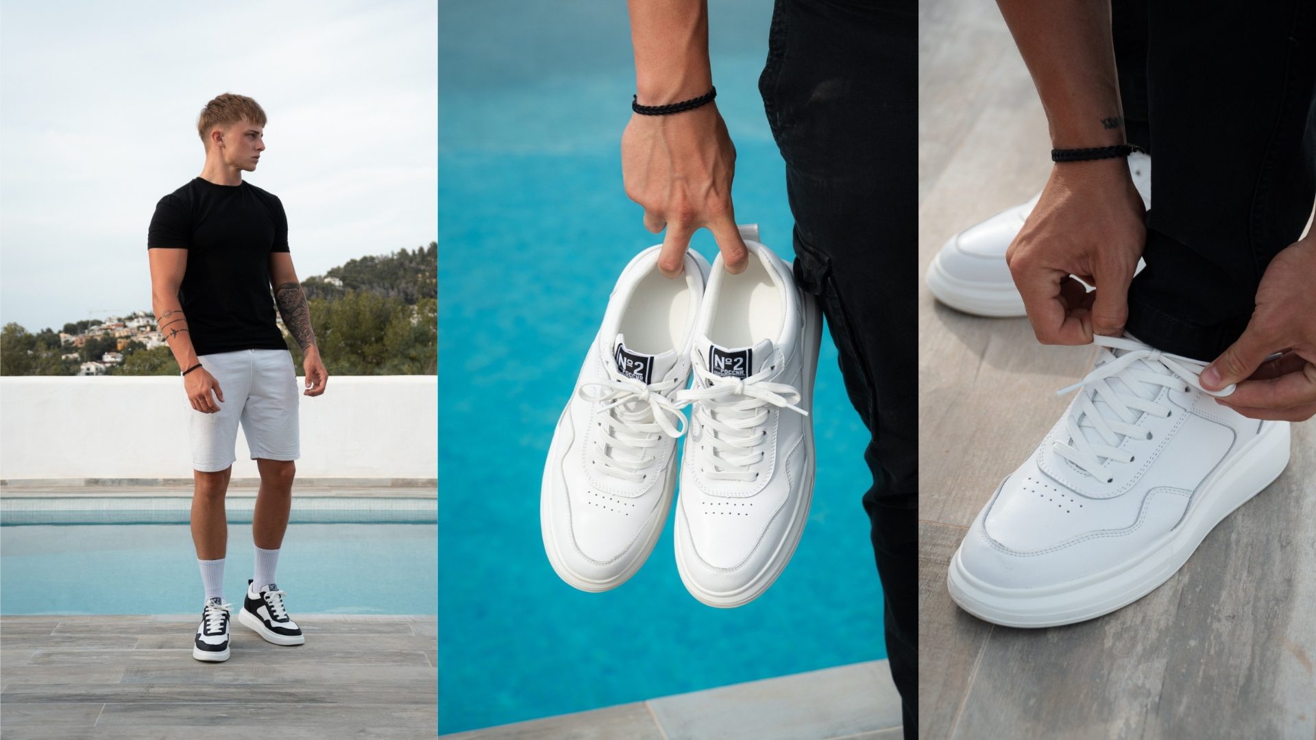 Man in black tee and white shorts by a pool, holding white ALTO sneakers, lacing them up — Ibiza